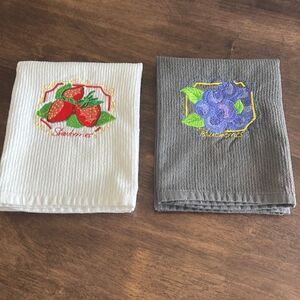 Set of Two Fruit Cotton Kitchen Bar-mop White & Gray Towels Straw/Blueberries
